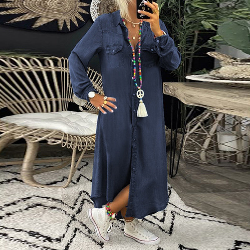 Ines | Denim Maxi Jurk met Lange Mouwen