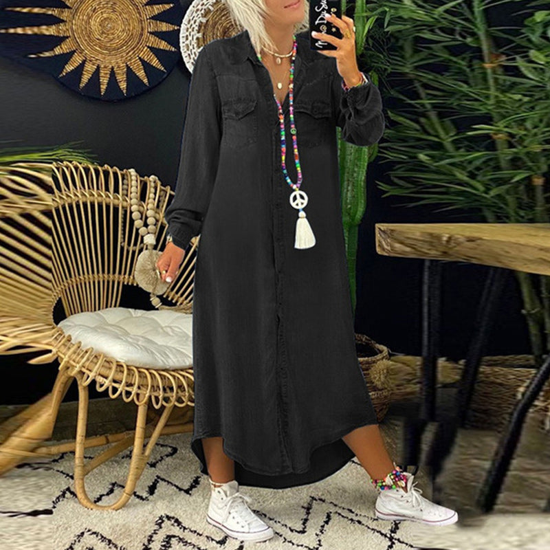 Ines | Denim Maxi Jurk met Lange Mouwen