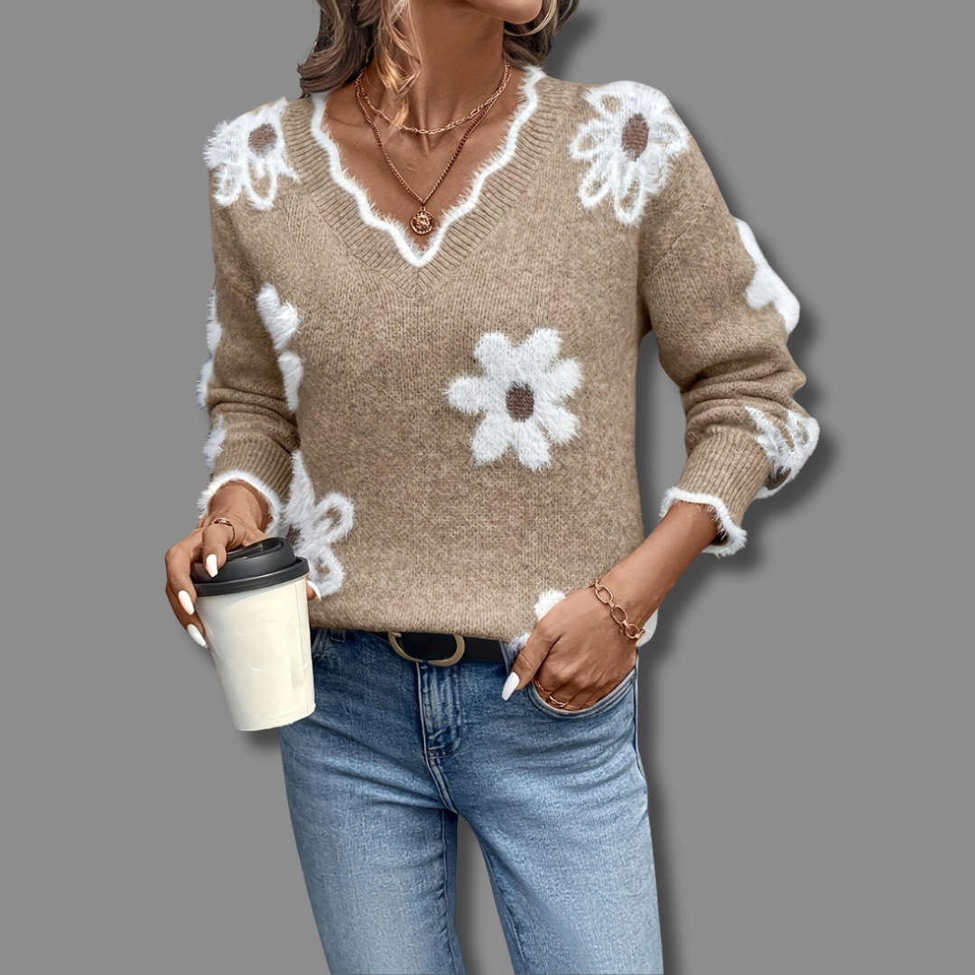 THEA | Elegante trui met V-hals en bloemenmotief