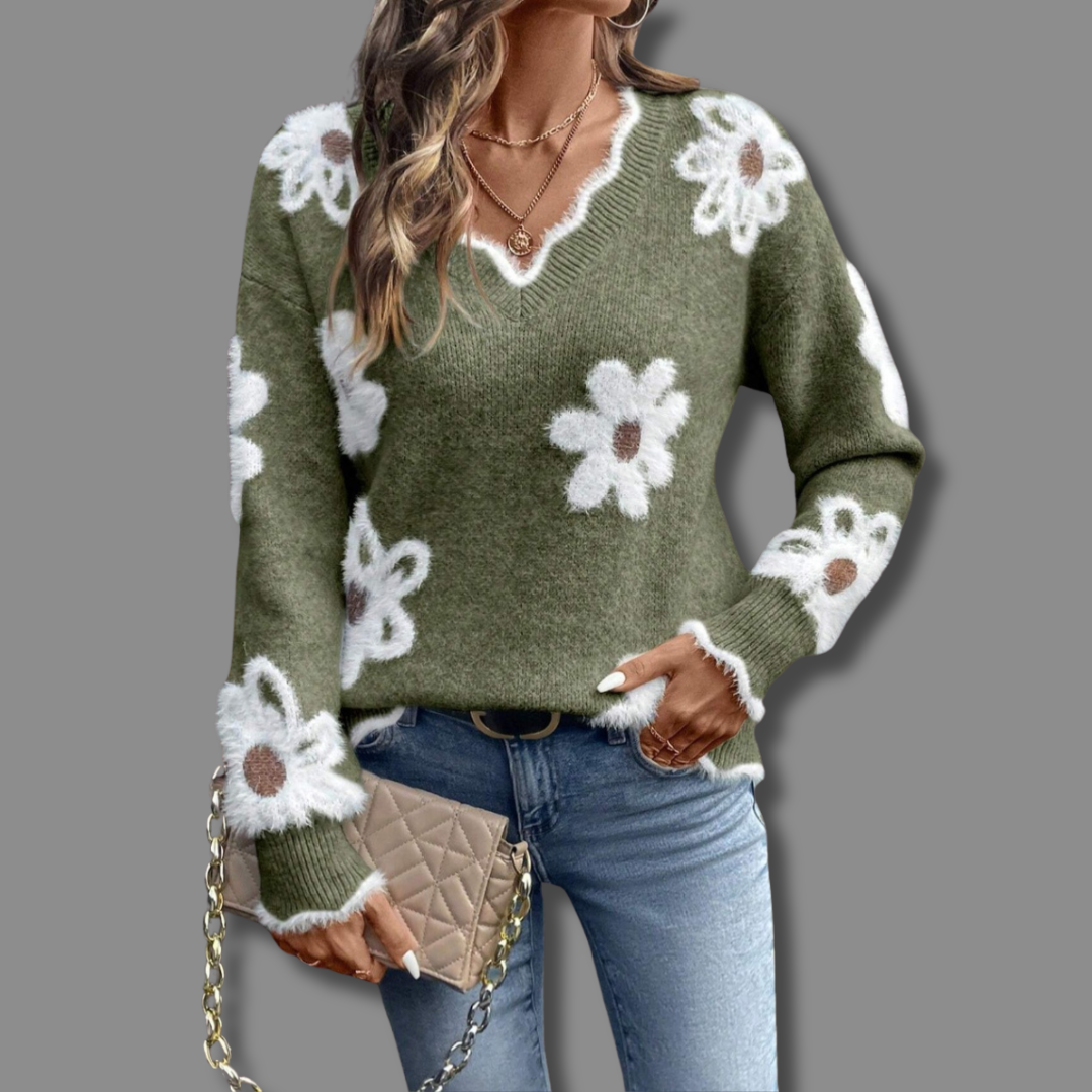 THEA | Elegante trui met V-hals en bloemenmotief