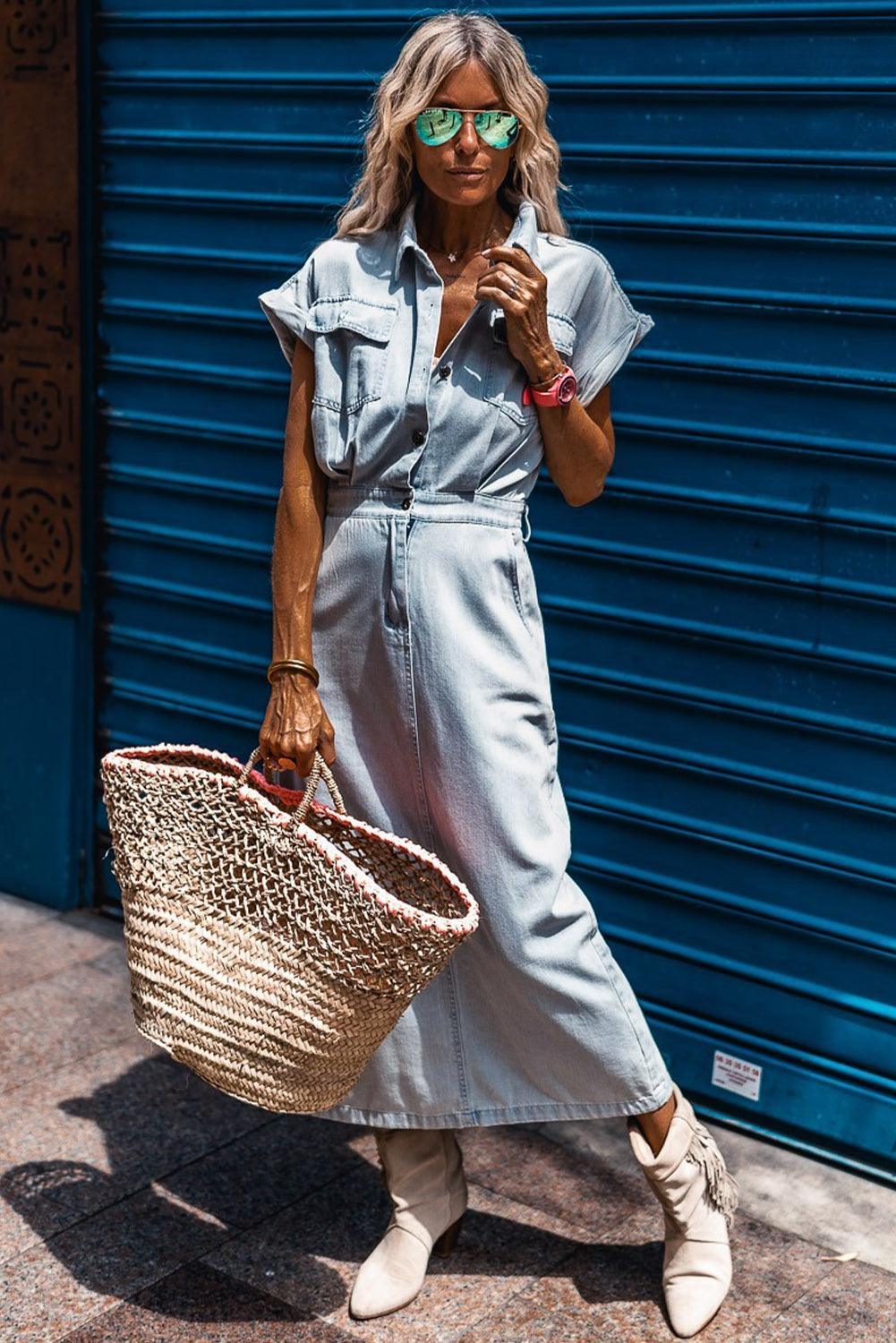 Isabeau | Denimjurk met Elegante, Korte Vleermuismouwen