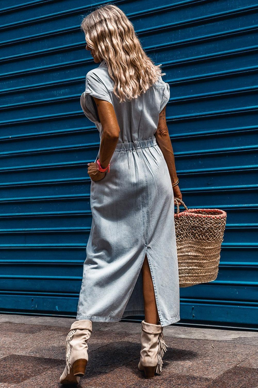 Isabeau | Denimjurk met Elegante, Korte Vleermuismouwen