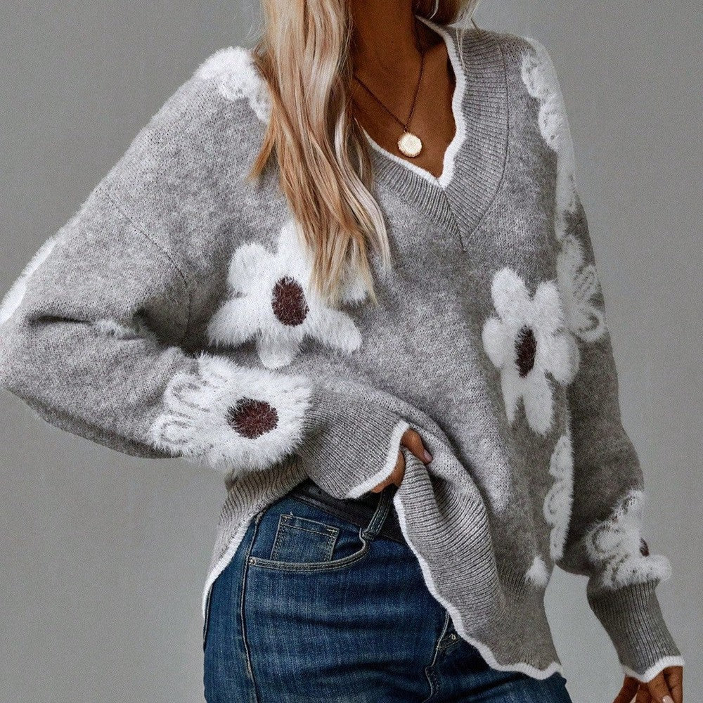 THEA | Elegante trui met V-hals en bloemenmotief