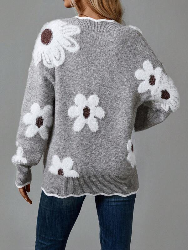 THEA | Elegante trui met V-hals en bloemenmotief