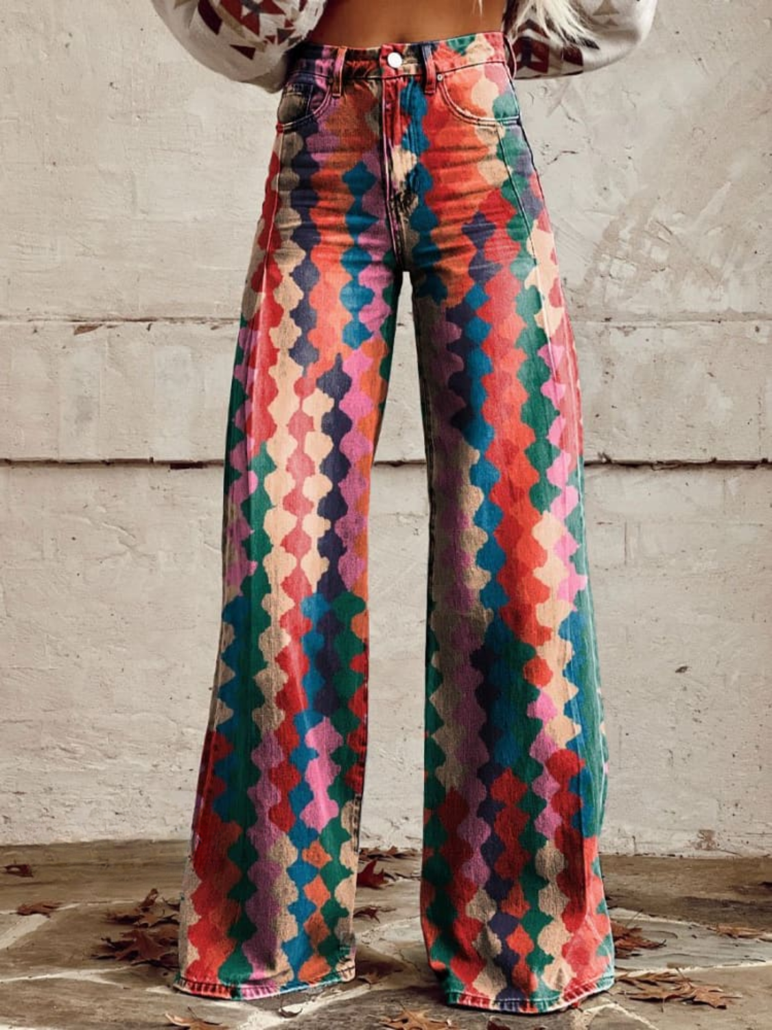 Isla | Palazzo Spijkerbroek met Retro Regenboogprint