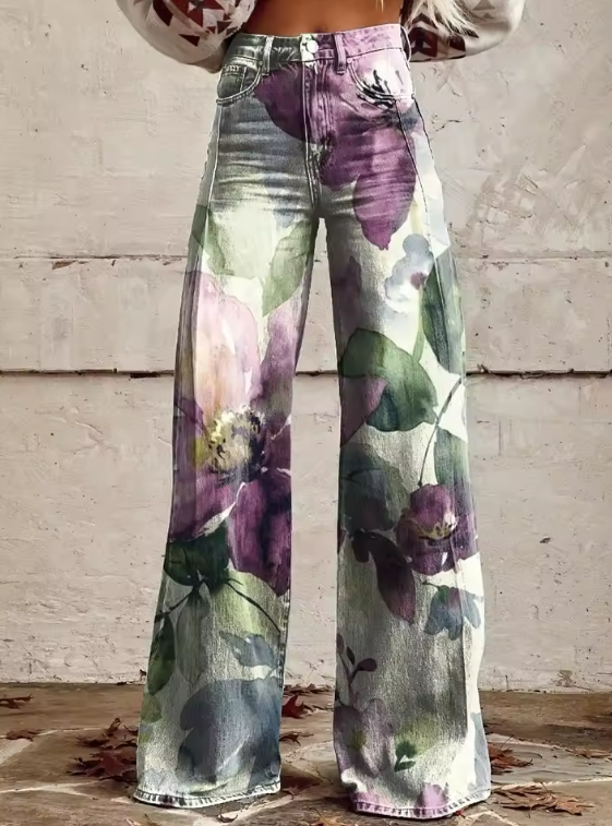Flora | Wijde Spijkerbroek met Aquarel Bloemenprint
