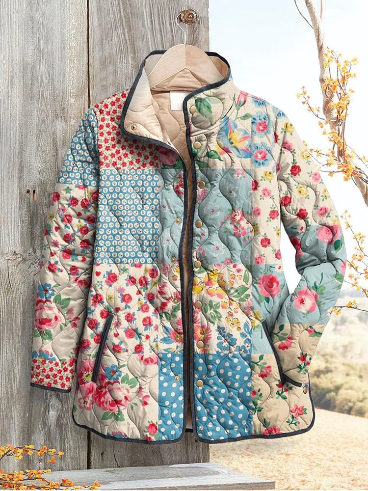 Charmante Bloemenprint Gewatteerde Jas – Vintage Look