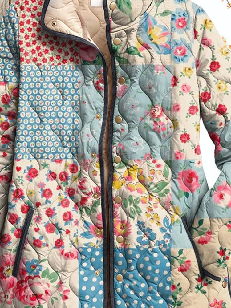 Charmante Bloemenprint Gewatteerde Jas – Vintage Look
