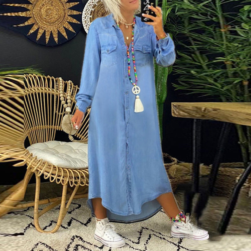 Ines | Denim Maxi Jurk met Lange Mouwen