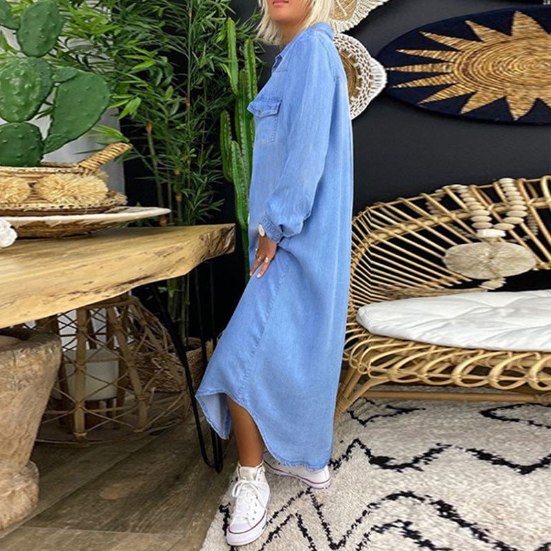 Ines | Denim Maxi Jurk met Lange Mouwen