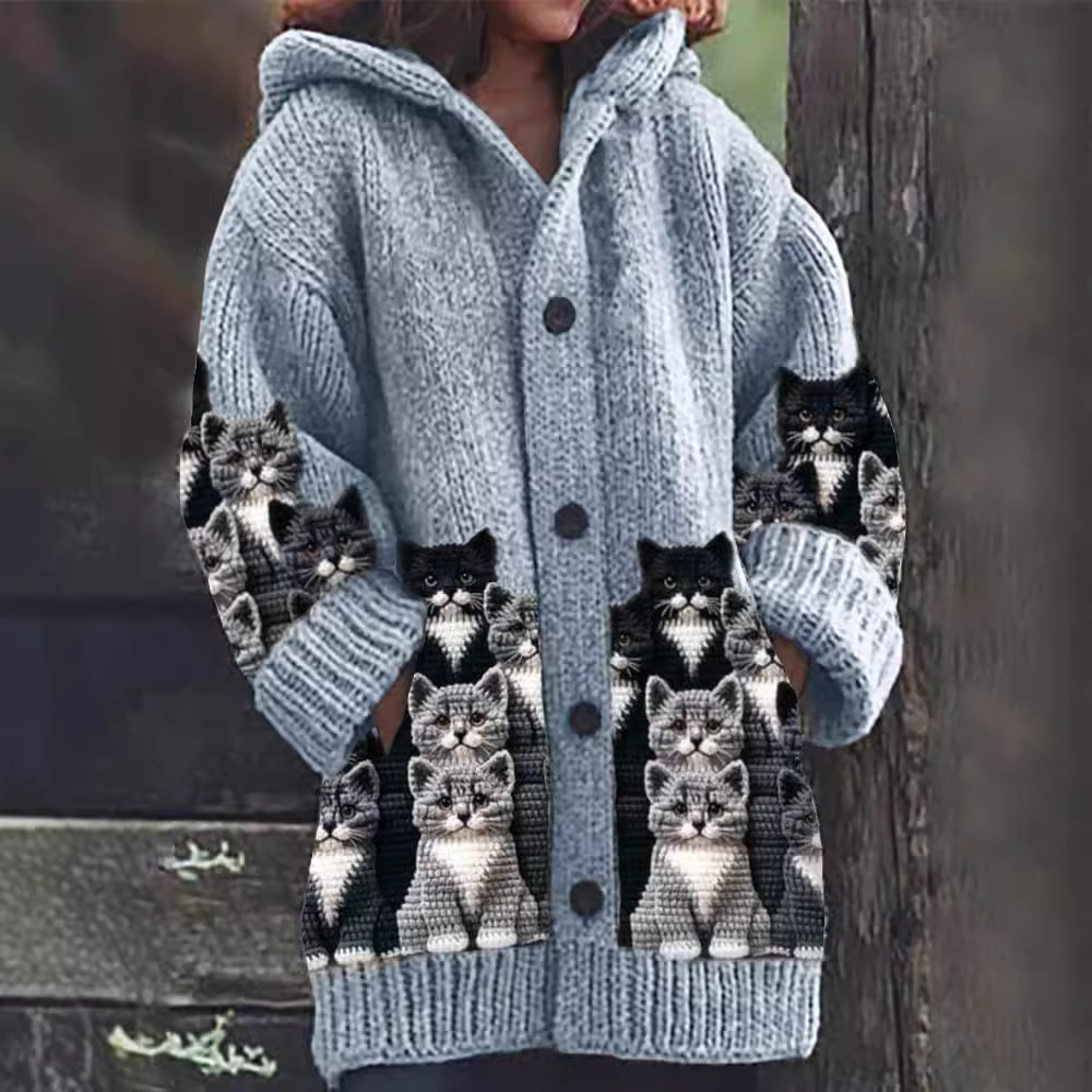 Jasmin - Gezellige Gebreide Kattenprint Cardigan