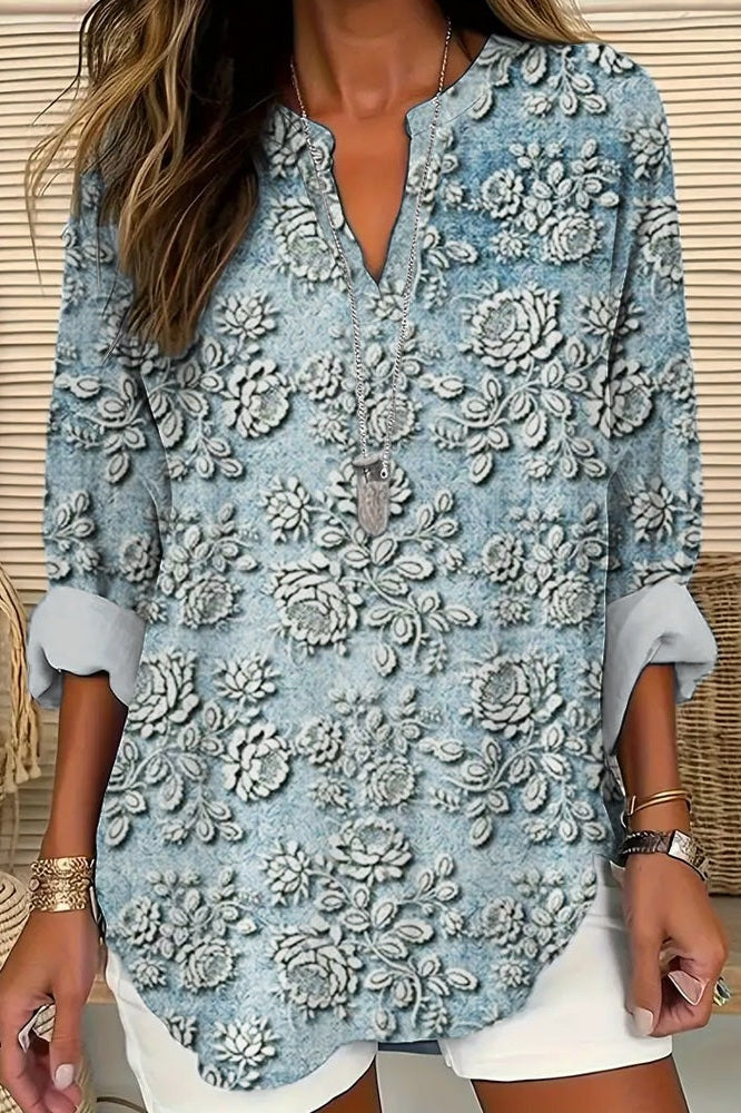Blue Dusk Bloom | Elegante Bloemenblouse