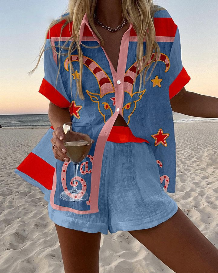 Jorelle – Kort linnen pak met geitenprint