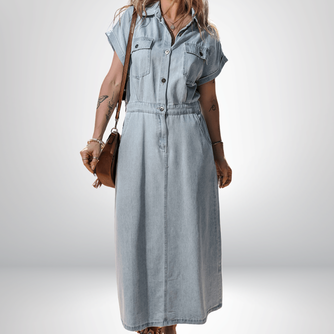 Isabeau | Denimjurk met Elegante, Korte Vleermuismouwen