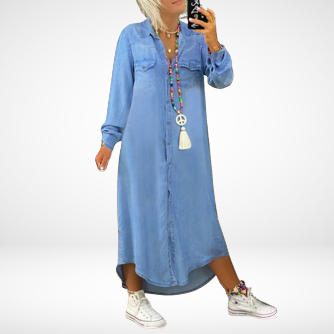 Ines | Denim Maxi Jurk met Lange Mouwen