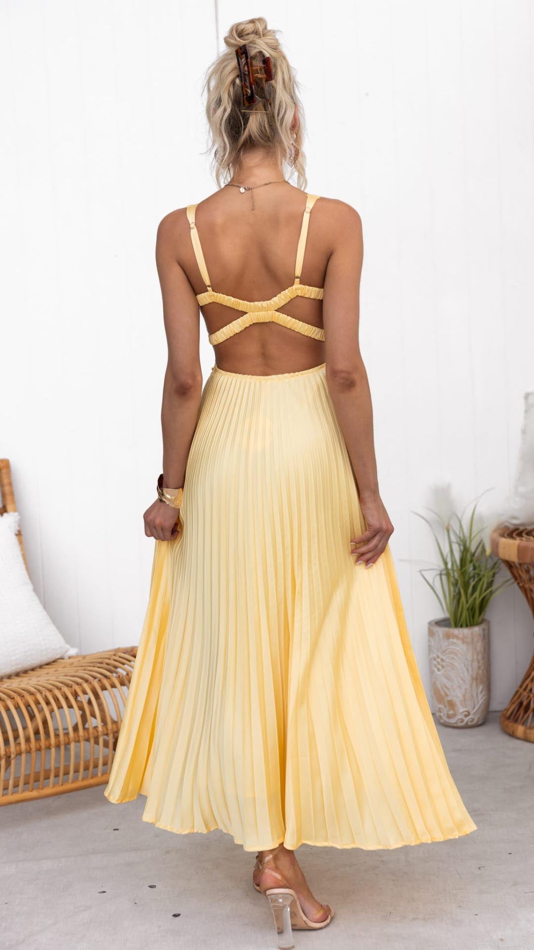 Aby™ | Gele geplooide V-hals maxi-jurk