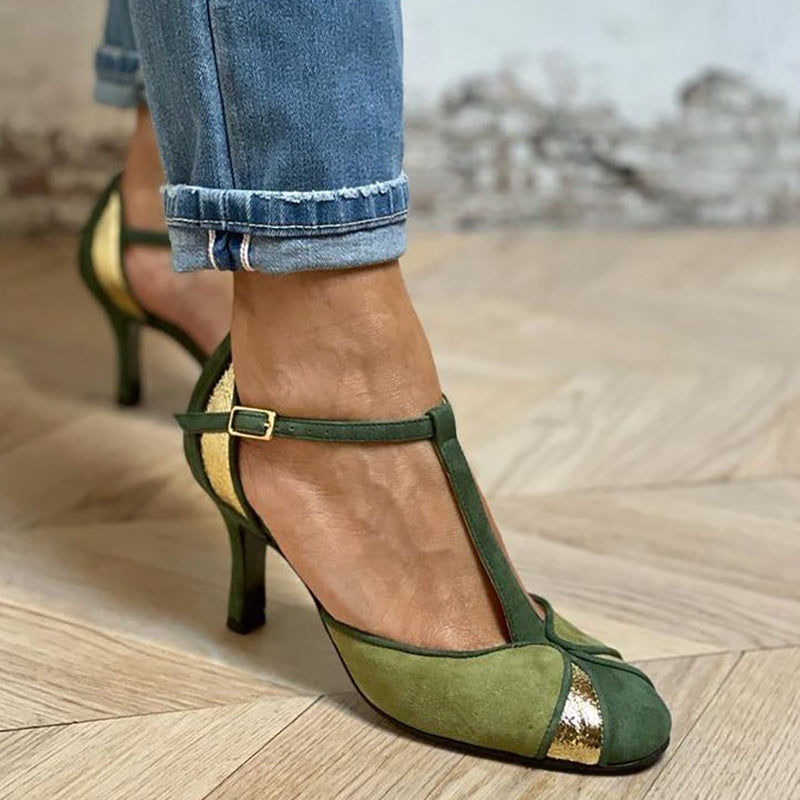 Tessa – Patchwork Herfstpumps met T-Bandje en Gesloten Neus